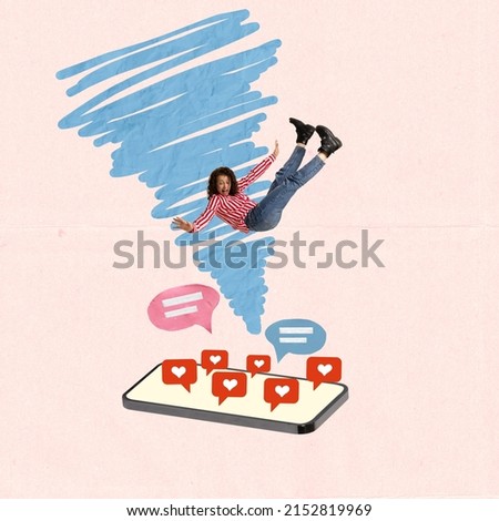 Contemporary art collage. Young girl falling down into phone screen filled with like icons and text messages. Concept of social media addiction, popularity, influence, modern lifestyle and ad