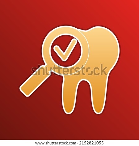 Tooth icon with arrow sign. Golden gradient Icon with contours on redish Background. Illustration.