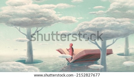 Book of Imagination and a boy. Fantasy art. Concept idea of education, kid, child dream, inspiration, creative, edventure and lerning. Conceptual 3d illustration. Surreal painting. 