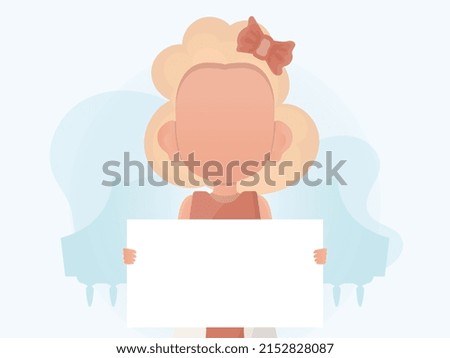 Little girl holding an empty banner in her hands. Place for announcement. Cartoon style. Vector illustration
