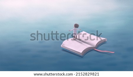 Book of Imagination and a girl. Fantasy art. Concept idea of education, kid, child dream, inspiration, creative, adventure and lerning. Conceptual 3d illustration. Surreal painting. 