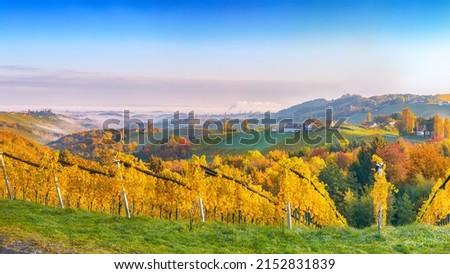 Astonishing vineyards landscape in South Styria near Gamlitz. Autumn scene of grape hills in popular travell destination Eckberg. Location: Gamlitz, district of Leibnitz in Styria, Austria. Europe.