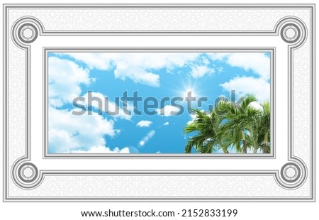 3D stretch ceiling pattern. Decorative frame and islamic motif background. palm tree leaves and tropical sunny sky. picture for ceiling decoration.