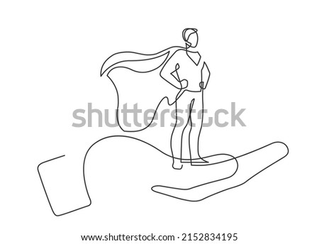 Continuous line drawing of hand holding a super human. Vector illustration.