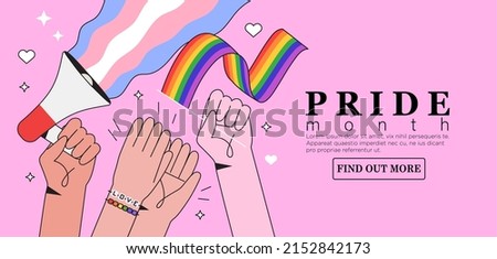Human hands hold megaphone with transgender and lgbt rainbow flags during pride month or day celebration or parade. People clap hands in applause. LGBTQ banner template on pink background.  Royalty-Free Stock Photo #2152842173