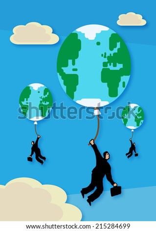 A vector illustration of businessmen floating around, holding balloons that look like earth. A metaphor on global business and success.