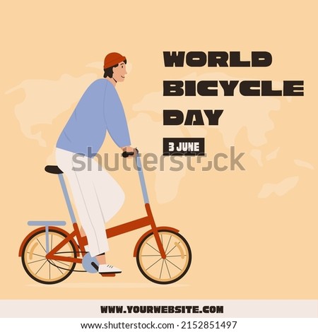 World Bicycle Day Banner. Man riding street folding bicycle in city vector flat illustration. Smiling male bicyclist dressed in stylish clothes riding bicycle. Happy young man on bike. 