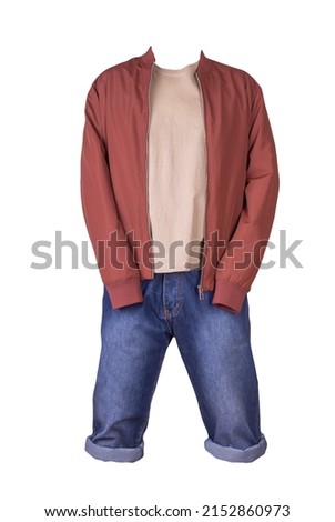 Denim blue shorts,beige t-shirt and red bomber jacket on a zipper isolated on white background