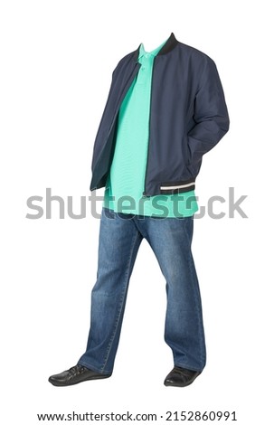 dark blue jeans,light green t-shirt with a collar on buttons,dark blue bomber jacket and black leather shoes  isolated on white background 