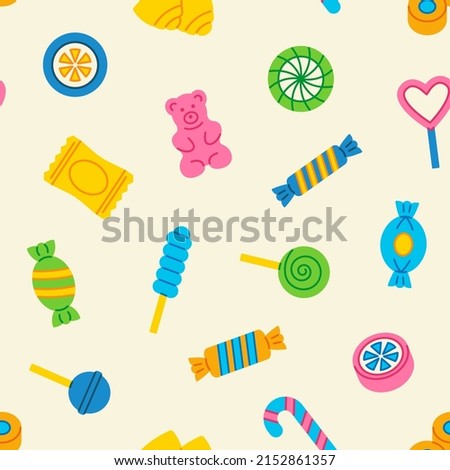Candy seamless pattern. Sweet background with lollipop, sweets, caramel, candy cane, chocolate, gummy bear. Colorful tasty vector illustration. Royalty-Free Stock Photo #2152861357
