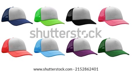 Set of blue, navy, green, black, red and pink Trucker cap isolated on white background. Different cap isolated. Assorted baseball cap. Mock-up for branding. Royalty-Free Stock Photo #2152862401