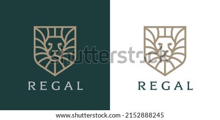Royal lion shield logo symbol. Regal animal head mane line icon. Vector illustration. Royalty-Free Stock Photo #2152888245