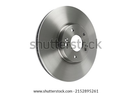 Car brake disc isolated on white background. Auto spare parts. Perforated brake disc rotor isolated on white. Braking ventilated discs. Quality spare parts for car service or maintenance Royalty-Free Stock Photo #2152895261