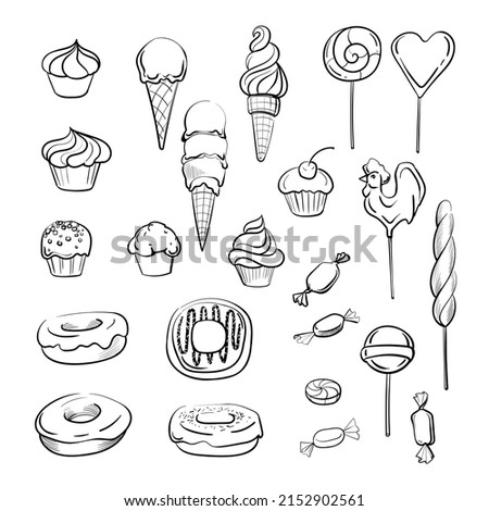 hand drawn candy and ice cream set contour on the white background
