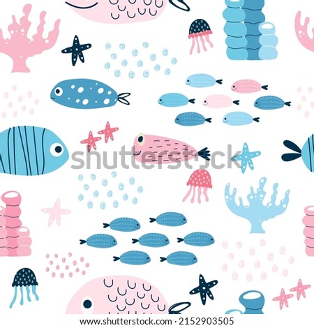 Underwater world pattern. Funny fish, corals and marine life. Seamless endless background. Baby print for clothes, textiles, wallpaper, baby shower. Vector illustration, hand drawn