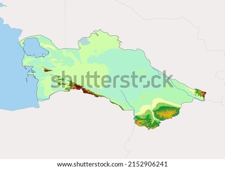 High detailed vector Turkmenistan physical map, topographic map of Turkmenistan on white with rivers, lakes and neighbouring countries. Vector map suitable for large prints and editing.