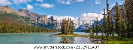 Panorama of Spirit island in Maligne lake, Jasper National Park, Alberta, Rocky Mountains, Canada Royalty-Free Stock Photo #2152911407
