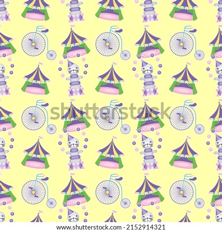 Vector seamless pattern with circus bike, circus tent and pyramid toy on a yellow background. Circus theme.