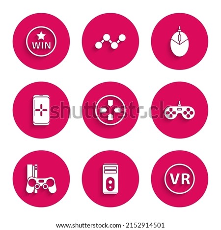 Set Gamepad, Computer, Virtual reality glasses, console with joystick, Smartphone and playing in game, mouse gaming and Medal icon. Vector