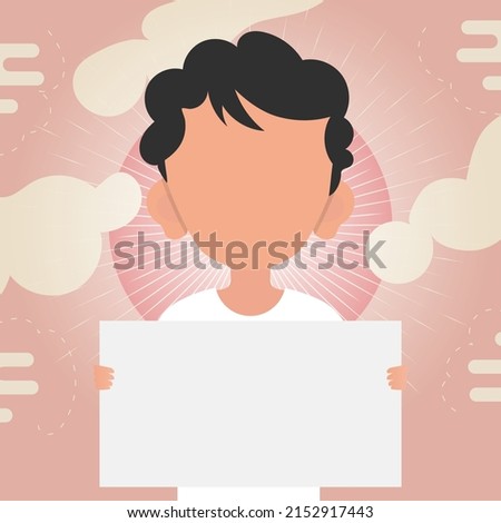 A cute little baby boy is holding a blank sheet of paper in his hands. Place for your text. Vector illustration in cartoon style.