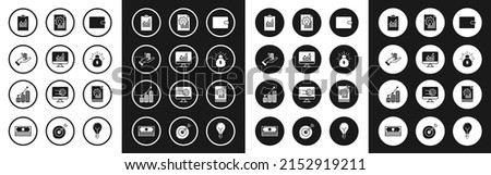Set Wallet, Computer monitor with graph chart, Money hand, Clipboard, bag, Document,  and Pie infographic coin icon. Vector