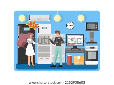 Home and kitchen appliances store, flat illustration. Special offers and cyber sales for household equipment, seasonal and holiday sale and discounts in electronics store concept.