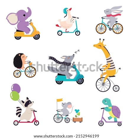 Cute Animal Character Riding Bike and Scooter Vector Set
