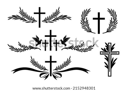 Funeral ornamental decorations. Vector memorial design elements. Borders and dividers with cross, dove, ribbons and palm leaves.