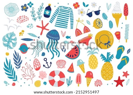 Summer set - ice-cream, pineapple, watermelon, fish, sunscreen, seagull, anchor, lifebuoy, jellyfish, shell, singlet, swimsuit, straw hat, slippers, flowers, starfish, monstera and palm leaves
