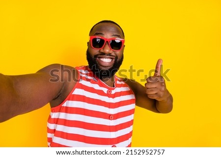 Portrait guy blogger make selfie resort rest relax thumb-up feedback wear red swim suit isolated shine color background