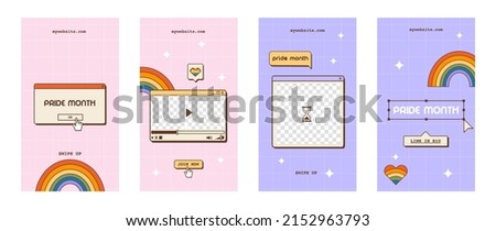 Set of vaporwave retro social media stories for LGBTQ Pride Month. Y2K aesthetic vertical banner or poster. Queer story template with old computer dialog window, rainbow and heart. Vector illustration Royalty-Free Stock Photo #2152963793