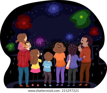 Illustration Featuring Families Watching a Fireworks Show Together