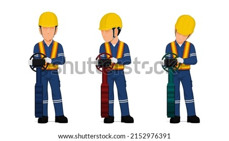 set of worker is operating butterfly valve on white background
