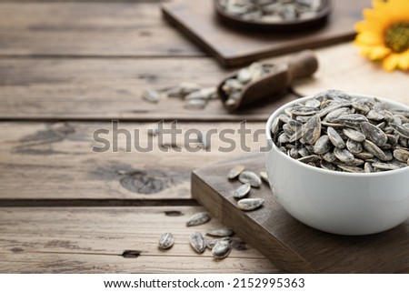 Sunflower seeds with sunflower on dark rustic base with copy space. Selective focus.