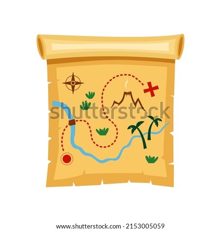 Treasure map. A pirate map with a pathway to the treasure. Icon for website, application about pirates, treasure hunt, board game. Vector flat illustration, cartoon style. Royalty-Free Stock Photo #2153005059