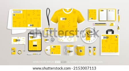 Business Corporate Brand Identity Mockup set with trendy abstract yellow graphics design part 2. Office stationary items mockup - editable template. Company business souvenirs corporate style design Royalty-Free Stock Photo #2153007113