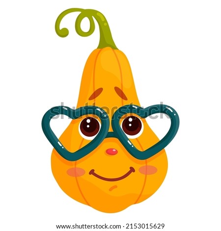 Funny pumpkin with heart-shaped glasses. Cartoon autumn character. Vector graphics.