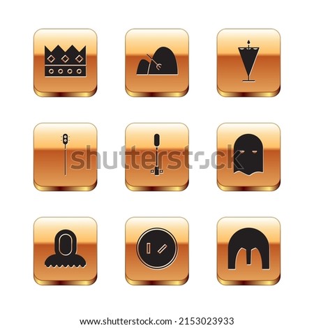 Set King crown, Medieval hood, Round wooden shield, Torch flame, chained mace ball, flag, iron helmet and Bale of hay and rake icon. Vector
