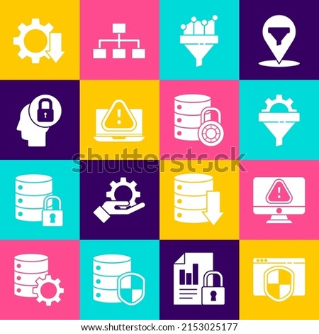 Set Browser with shield, Monitor exclamation mark, Sales funnel gear, chart, Laptop, Human head lock, Cost reduction and Server security icon. Vector