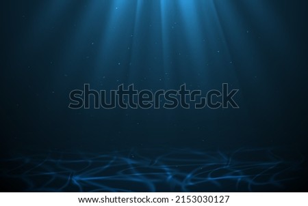 Vector Light Rays in Dark Blue Underwater Ocean Background. Sun Glare at the Bottom of Sea. Deep Ocean Stormy Water with Plankton Dust Particles. Sun Light Beams Illuminating Darkness Ocean Depths