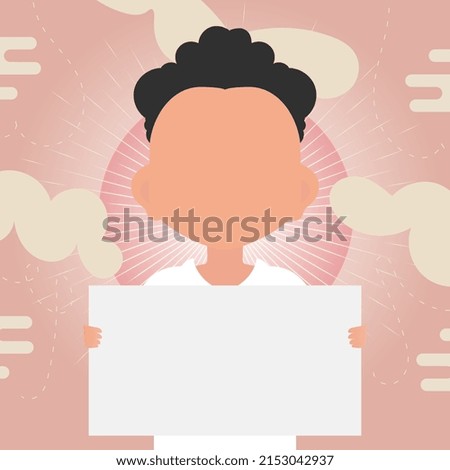 A cute little baby boy is holding a blank sheet of paper in his hands. Place for your logo, text or design. Vector illustration in cartoon style.