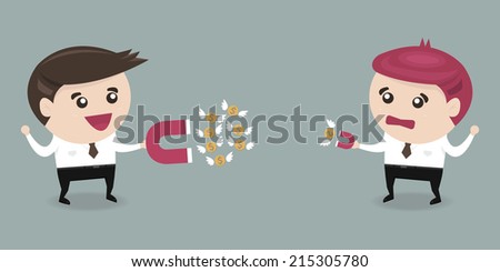 Businessman attracts money with a large magnet and small magnet, flat design