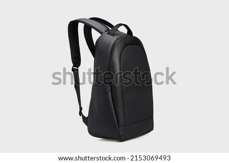 Side view on Men's Black Leather Business Office Backpack Daypack Rucksack Bag for Men isolated on White Background, mock up, office wear Royalty-Free Stock Photo #2153069493