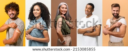 Several portraits in collage with diverse people after vaccination, happy multiracial people showing arms with band-aids after injection, pandemic control company, banner Royalty-Free Stock Photo #2153085855