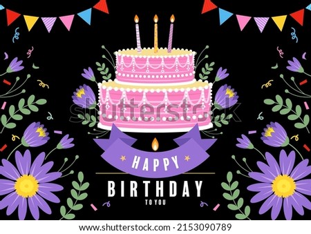 happy birthday greetings with cake and flowers flat design