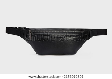 Fashion unisex business Waist Belt Leather Black Business Office Banana Bag bumbag with zipper for men on isolated White Background in front, mockup Royalty-Free Stock Photo #2153092801