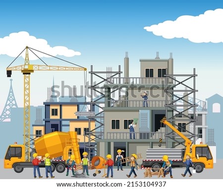House construction site with workers illustration