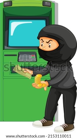 Thief stealing money from atm machine illustration
