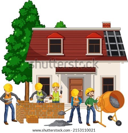 Isolated construction site with workers illustration