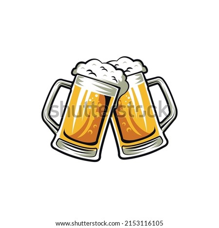Two toasting beer mugs, Cheers. Clinking glass tankards full of beer and splashed foam. Vector illustration isolated on white background. Royalty-Free Stock Photo #2153116105